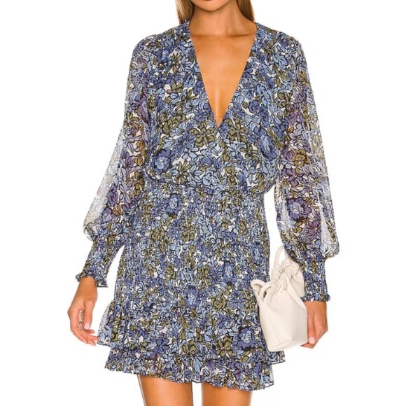 Veronica Beard Saera Blue Multi Floral V-neck Long Sleeves Mini Dress XS $495 - Picture 1 of 15